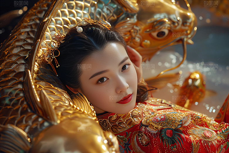 锦鲤汉服美女优雅唯美素材