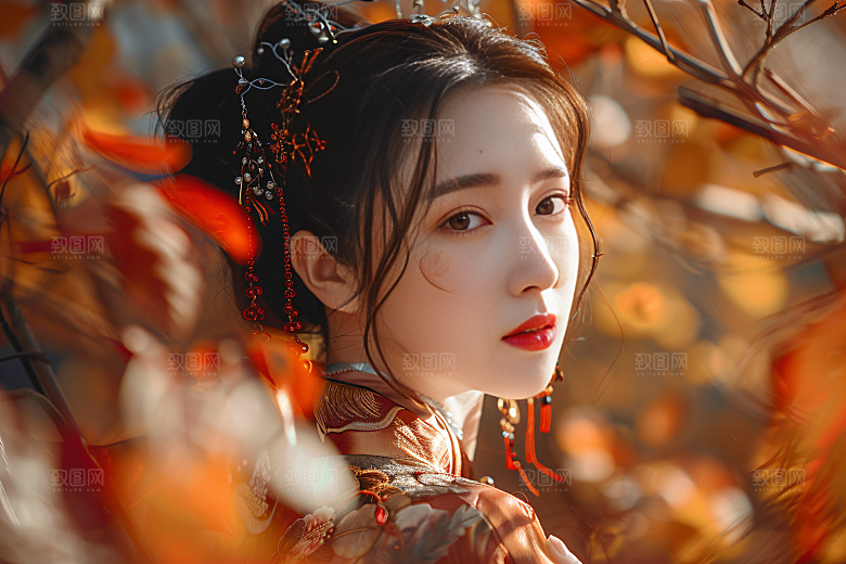 锦鲤汉服美女唯美中国风素材