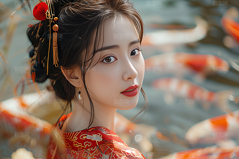锦鲤汉服美女高清传统素材