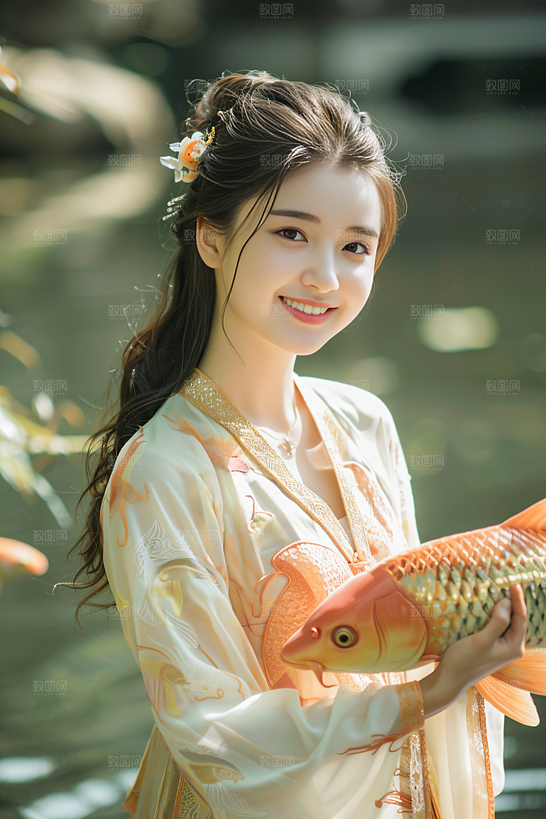 锦鲤汉服美女唯美肖像素材
