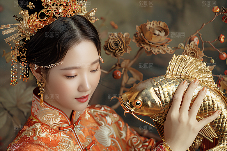 锦鲤汉服美女中国风肖像素材