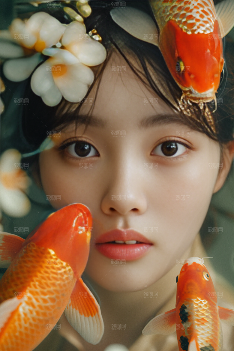 锦鲤汉服美女吉祥古风素材