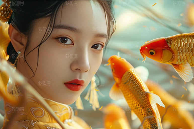 锦鲤汉服美女金鱼古风素材