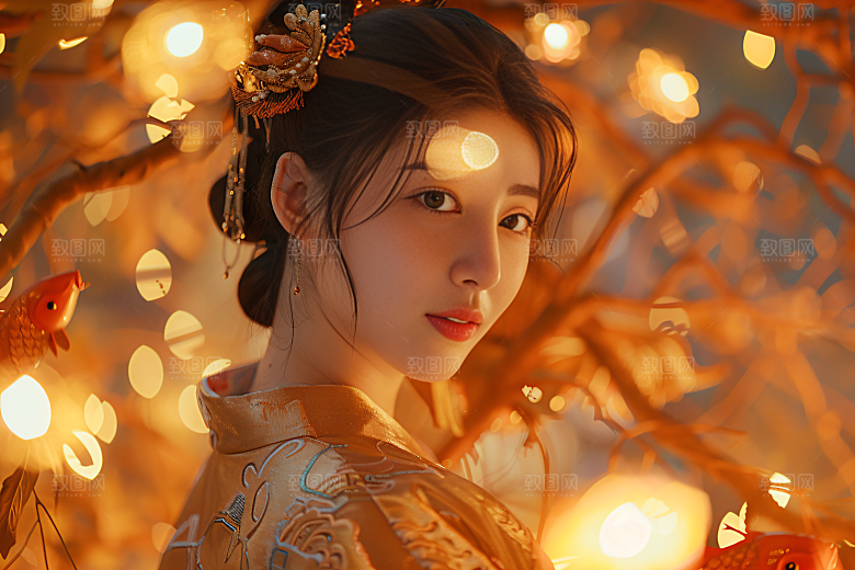 锦鲤汉服美女唯美吉祥素材