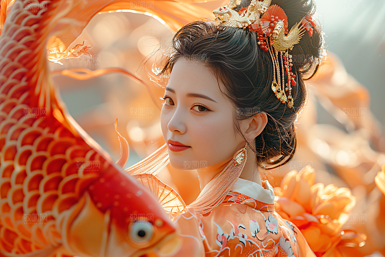 锦鲤汉服美女传统精致素材
