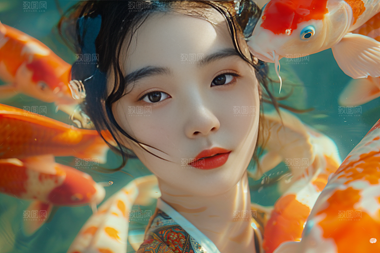 锦鲤汉服美女中国风吉祥素材