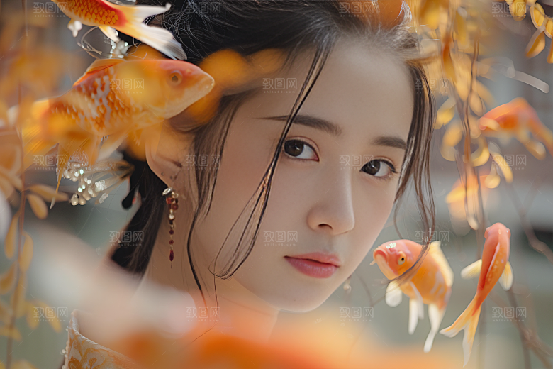 锦鲤汉服美女高清肖像素材