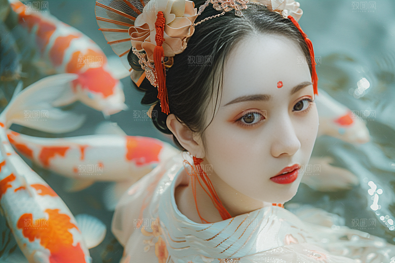 锦鲤汉服美女古风人像素材