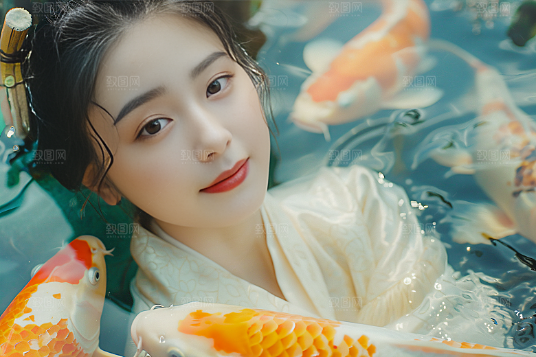 锦鲤汉服美女金鱼精致素材