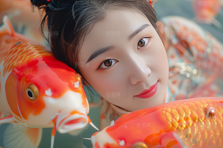 锦鲤汉服美女古风人像素材