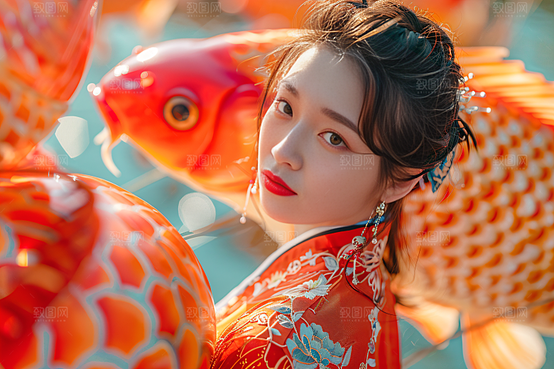 锦鲤汉服美女精致高清素材