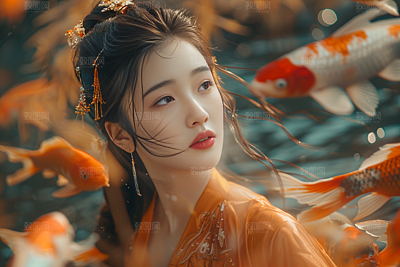 锦鲤汉服美女肖像吉祥素材