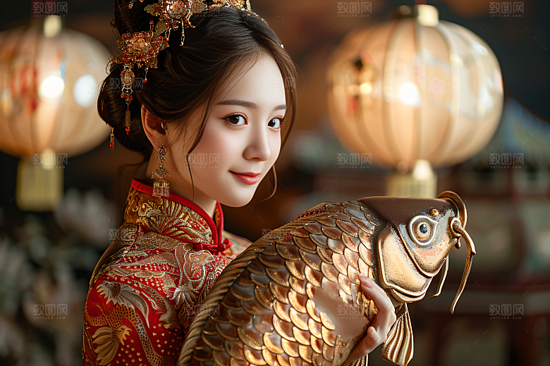 锦鲤汉服美女肖像唯美素材