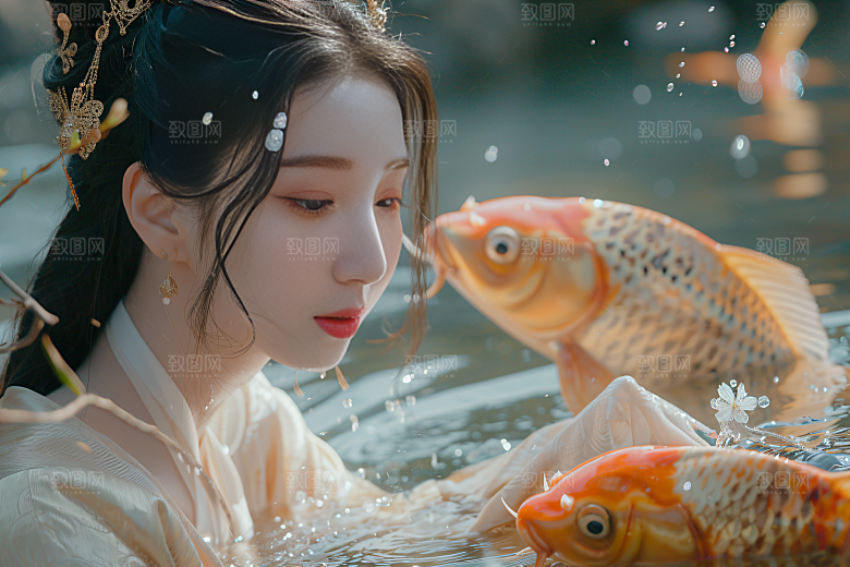 锦鲤汉服美女肖像古风素材