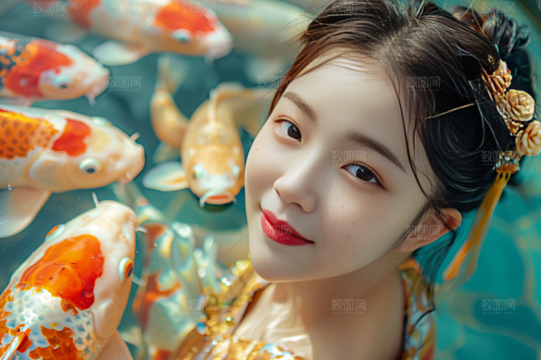 锦鲤汉服美女中国风精致素材