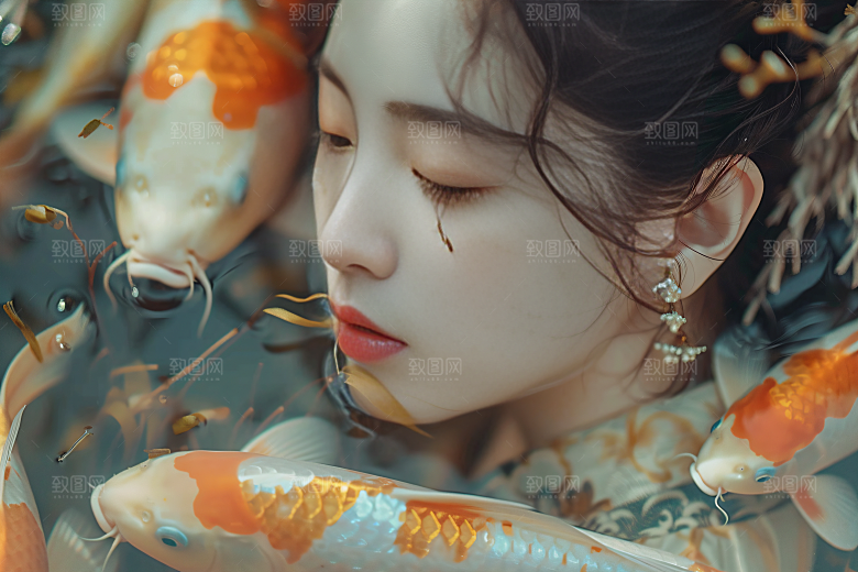 锦鲤汉服美女肖像优雅素材