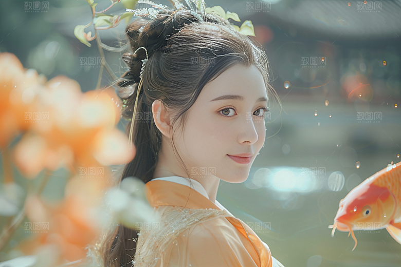 锦鲤汉服美女古风唯美素材
