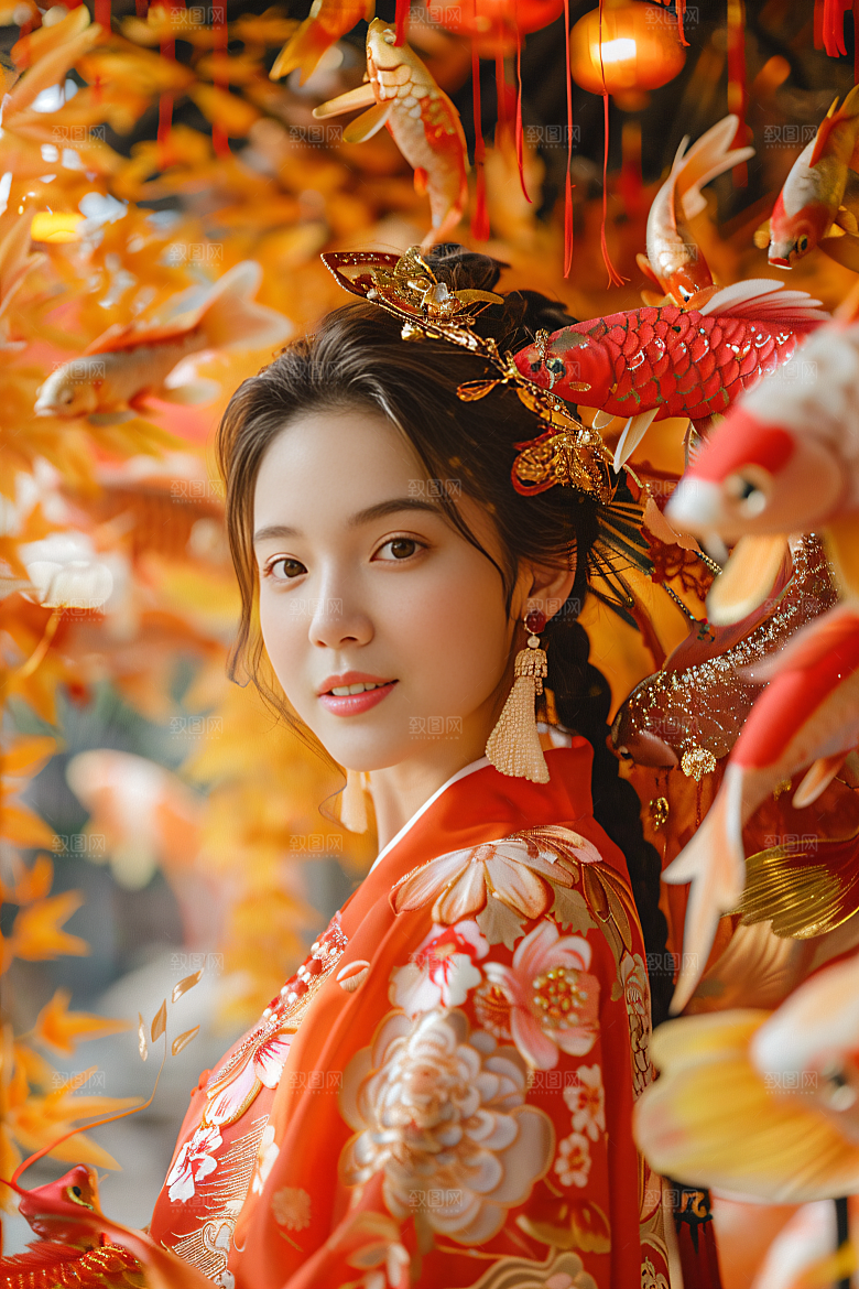 锦鲤汉服美女古风优雅素材