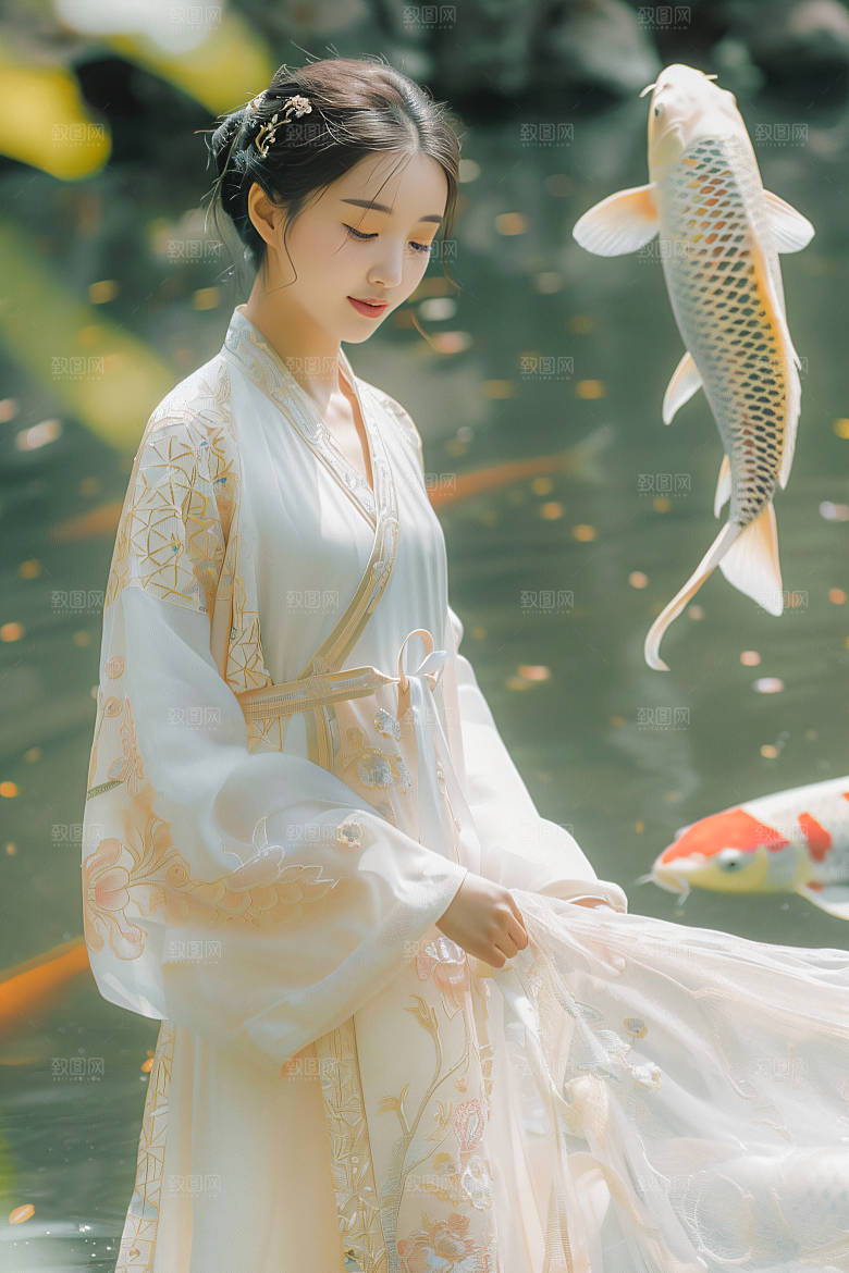 锦鲤汉服美女传统古风素材
