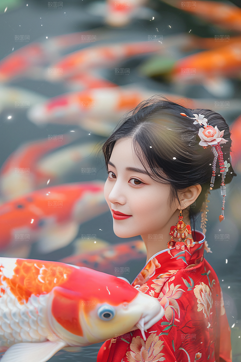 锦鲤汉服美女优雅唯美素材