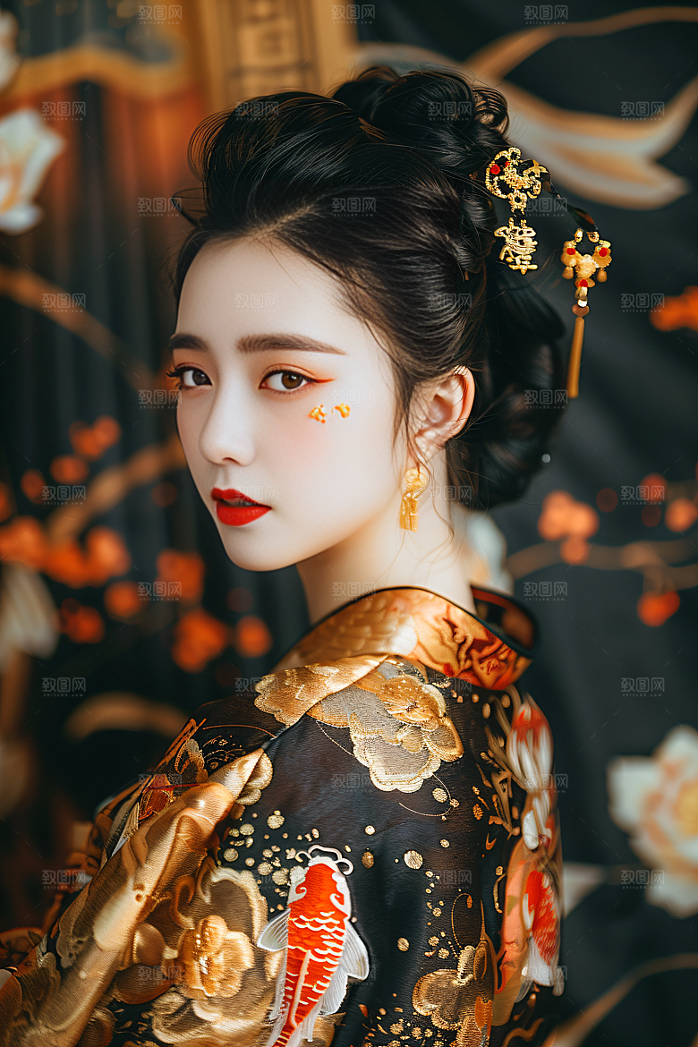 锦鲤汉服美女古风中国风素材