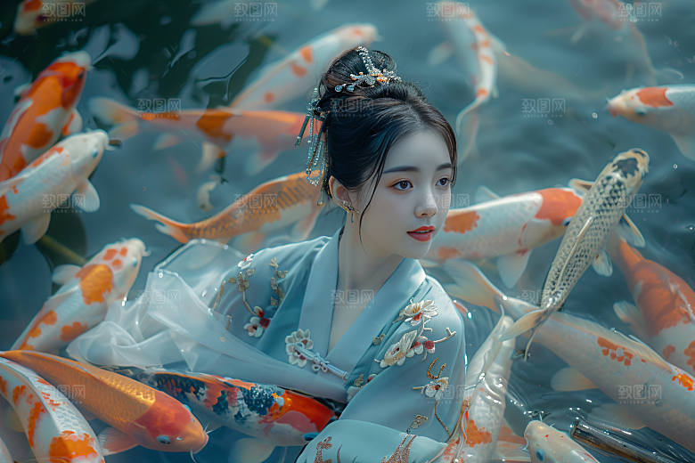 锦鲤汉服美女传统唯美素材