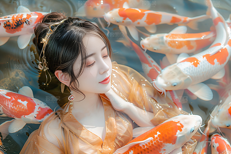 锦鲤汉服美女中国风优雅素材