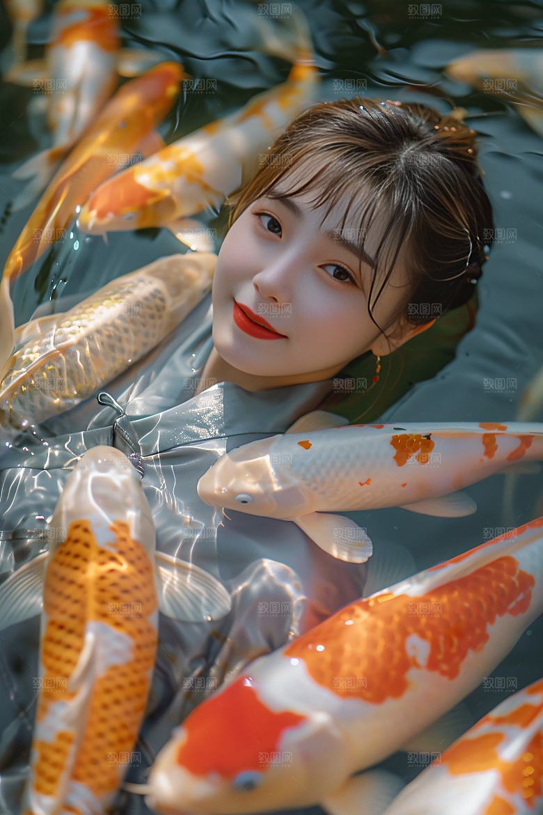 锦鲤汉服美女吉祥高清素材
