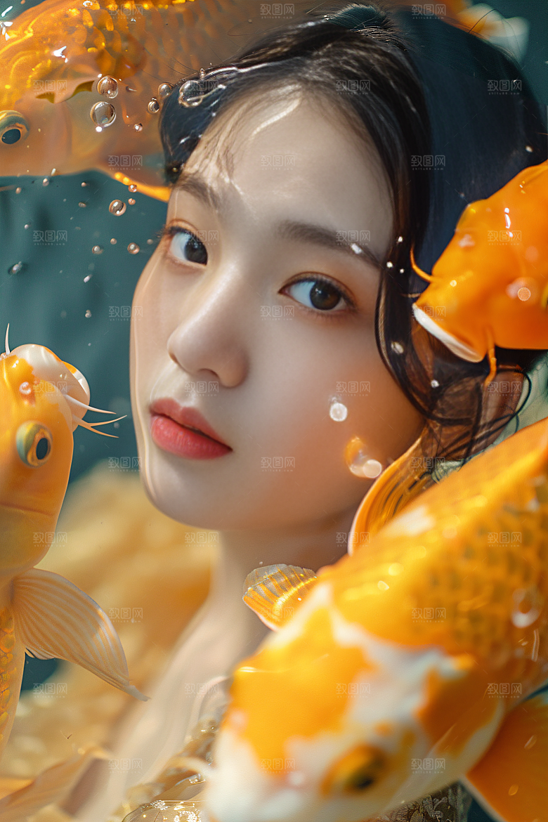 锦鲤汉服美女肖像优雅素材