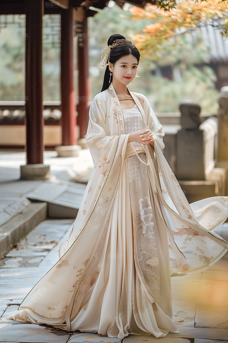 锦鲤汉服美女唯美金鱼素材