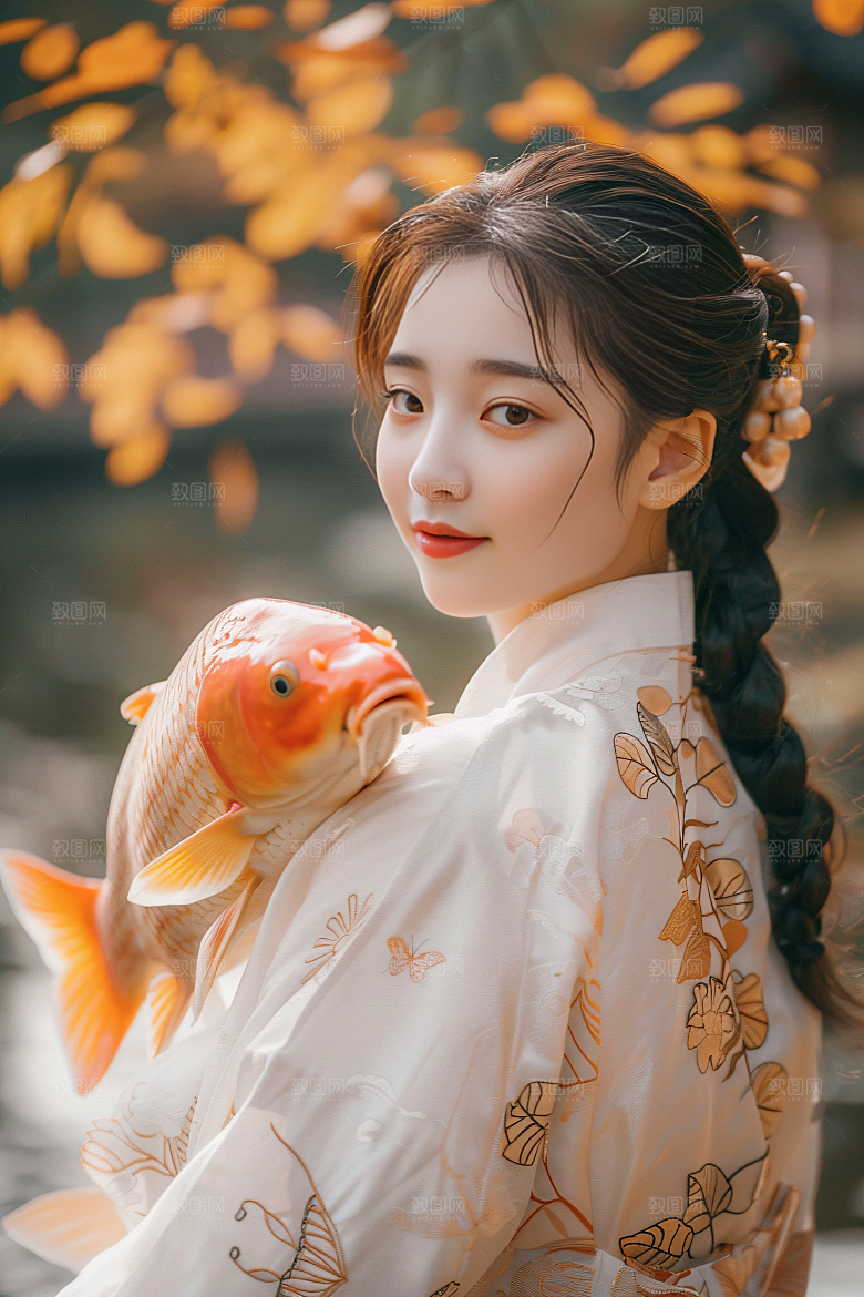 锦鲤汉服美女唯美金鱼素材