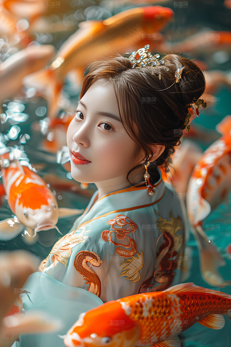 锦鲤汉服美女吉祥传统素材