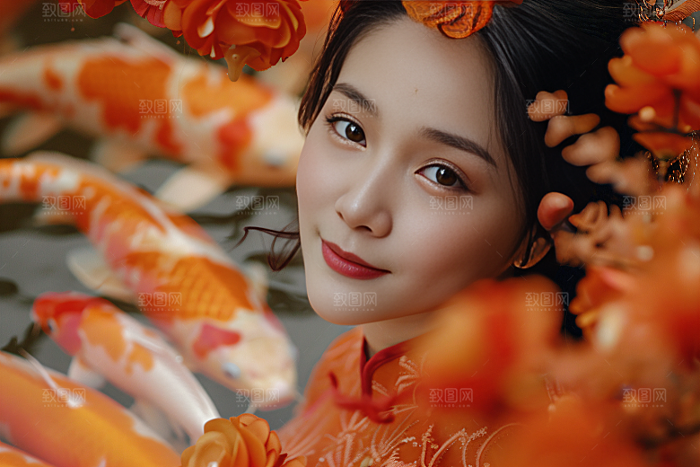 锦鲤汉服美女优雅唯美素材