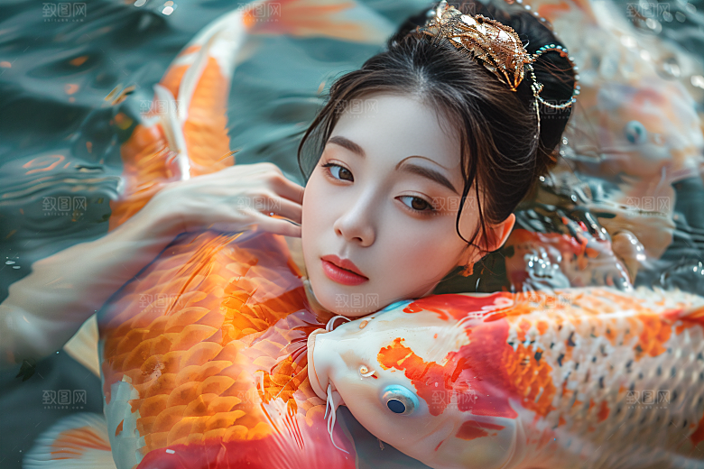 锦鲤汉服美女优雅肖像素材