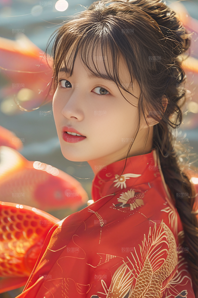 锦鲤汉服美女古风中国风素材