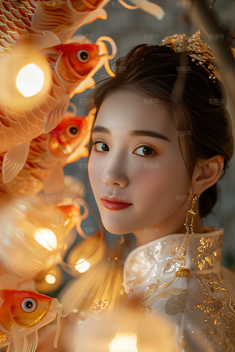 锦鲤汉服美女金鱼唯美素材