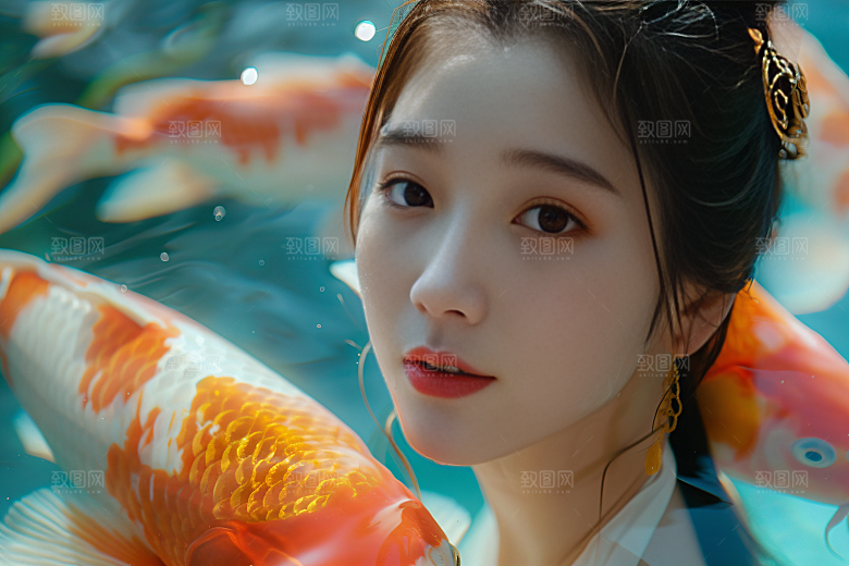 锦鲤汉服美女精致金鱼素材