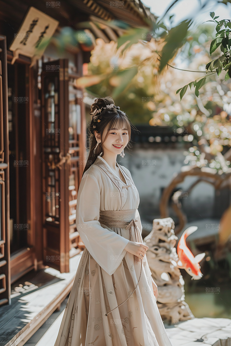 锦鲤汉服美女古风肖像素材