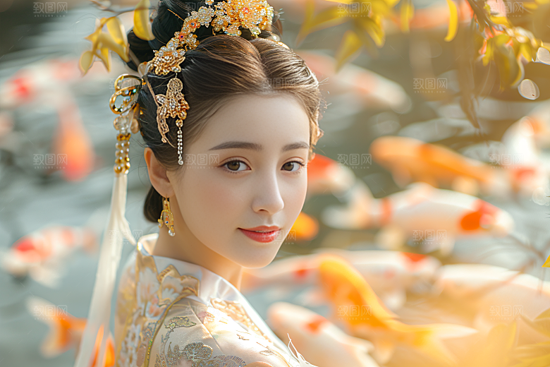 锦鲤汉服美女金鱼传统素材