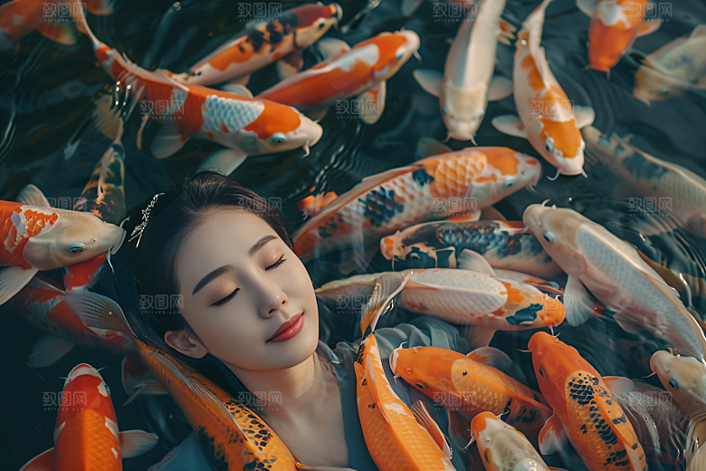 锦鲤汉服美女高清金鱼素材
