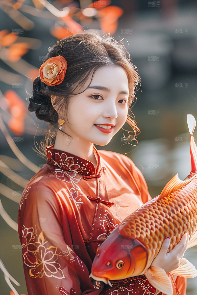 锦鲤汉服美女人像传统素材