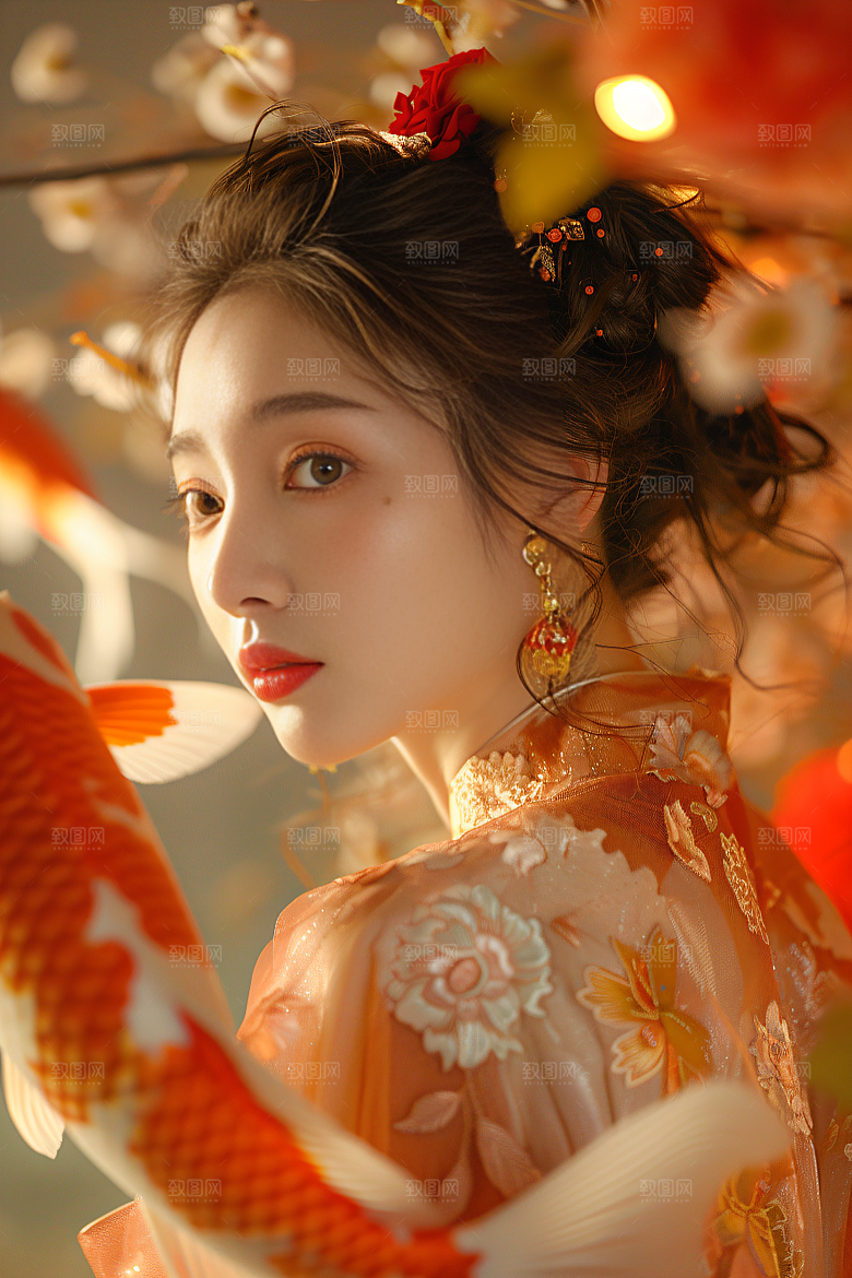 锦鲤汉服美女唯美高清素材