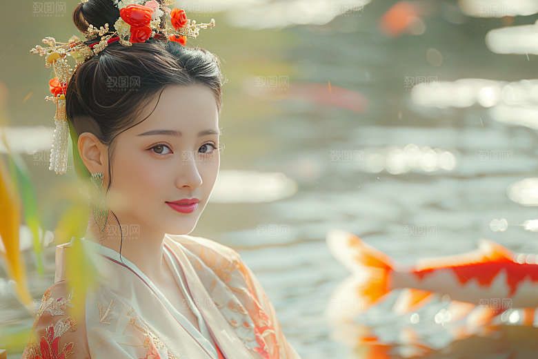 锦鲤汉服美女高清肖像素材