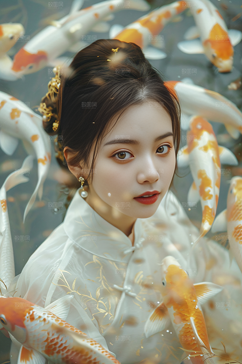 锦鲤汉服美女中国风人像素材