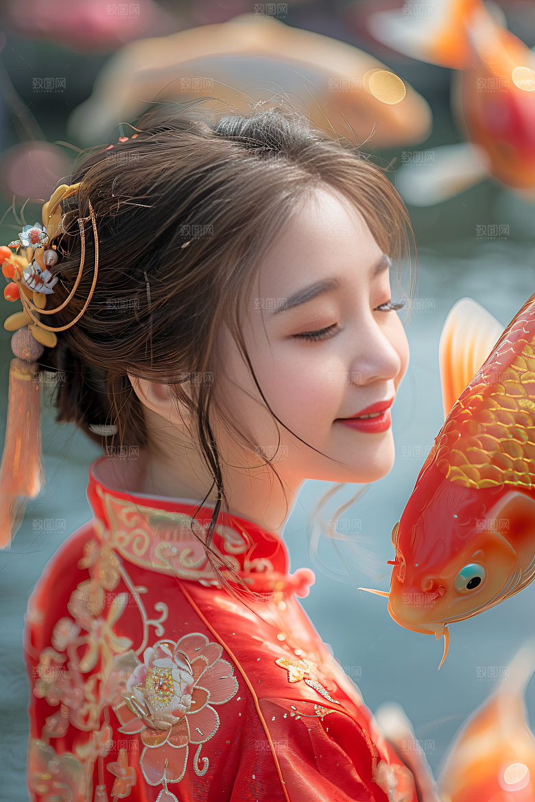 锦鲤汉服美女中国风传统素材