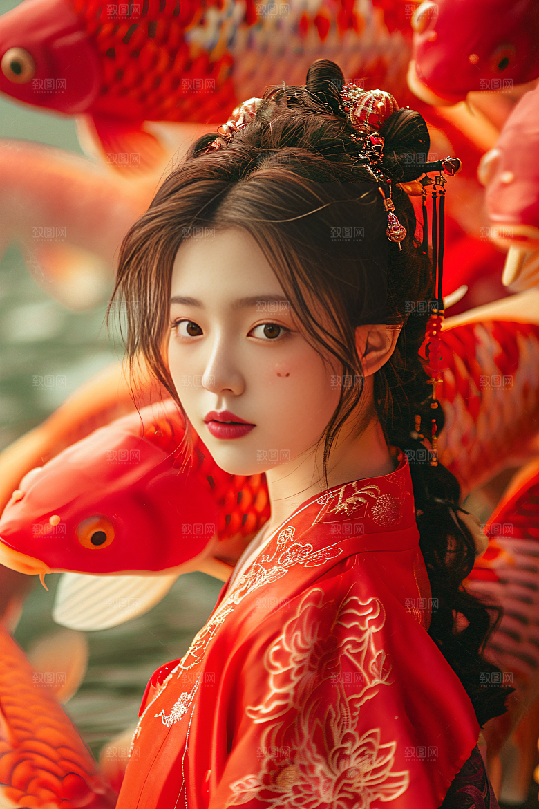 锦鲤汉服美女吉祥古风素材