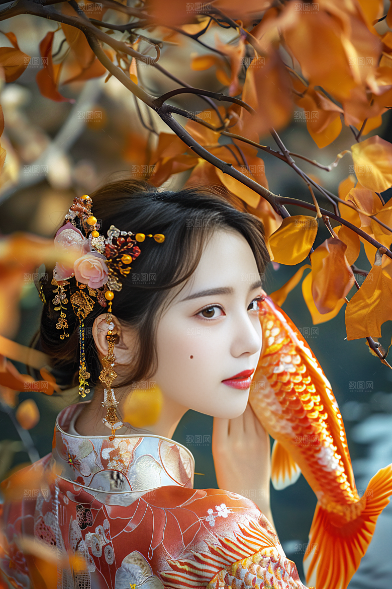 锦鲤汉服美女肖像金鱼素材