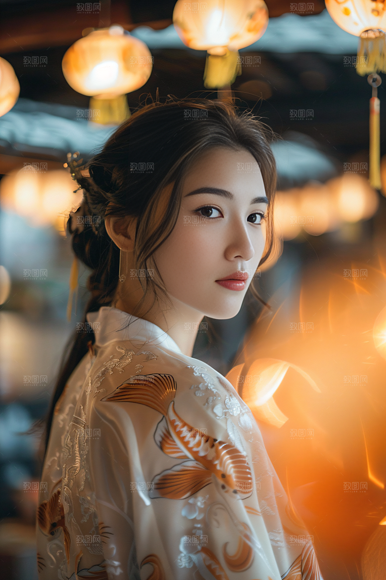 锦鲤汉服美女高清传统素材