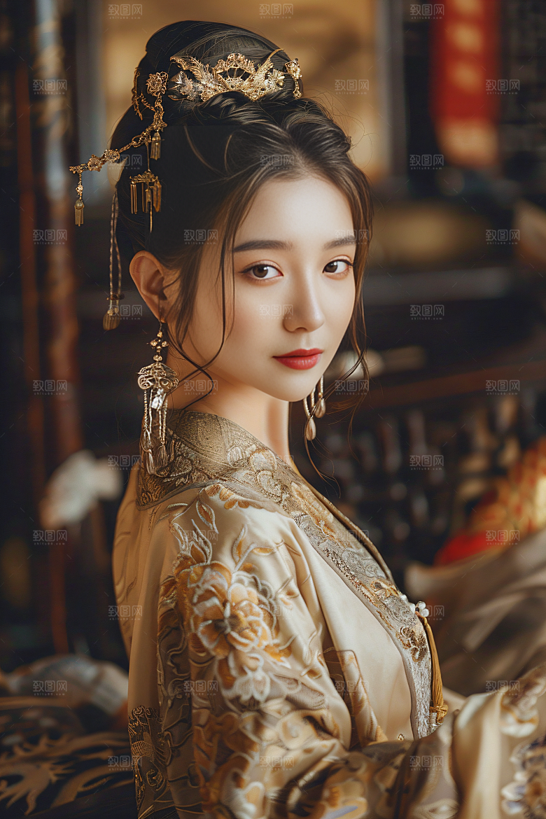 锦鲤汉服美女精致高清素材