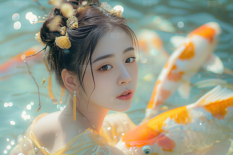 锦鲤汉服美女精致金鱼素材